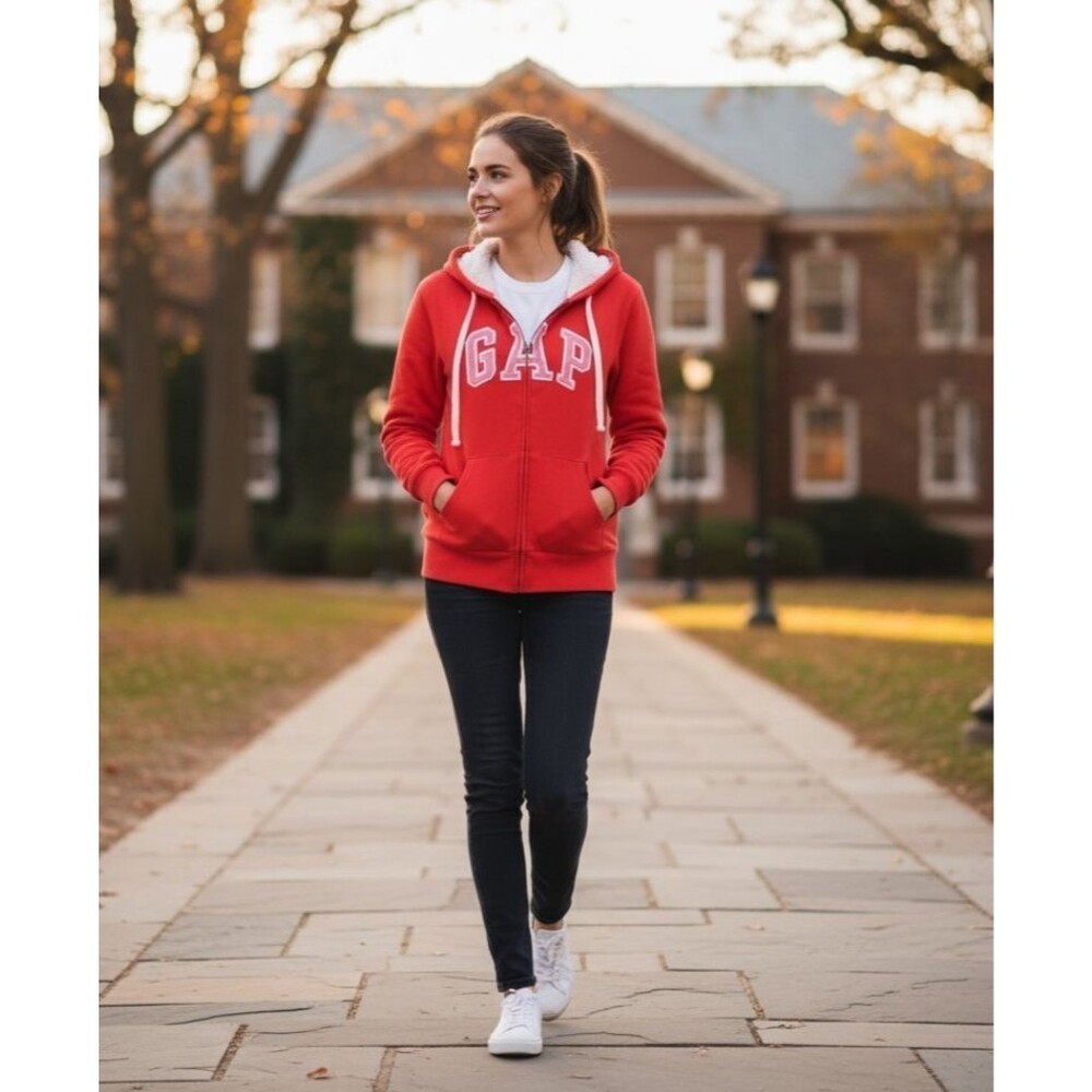 GAP Logo Sherpa Full Zip Killer Tomato Hoodie Size XS Retro Y2K Streetwear